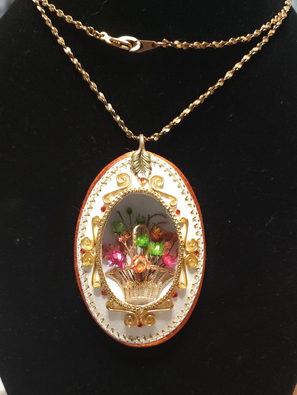 Vintage 1993 Signed Real Eggshell Diorama Necklace • 14K GP Chain Floral Pendant